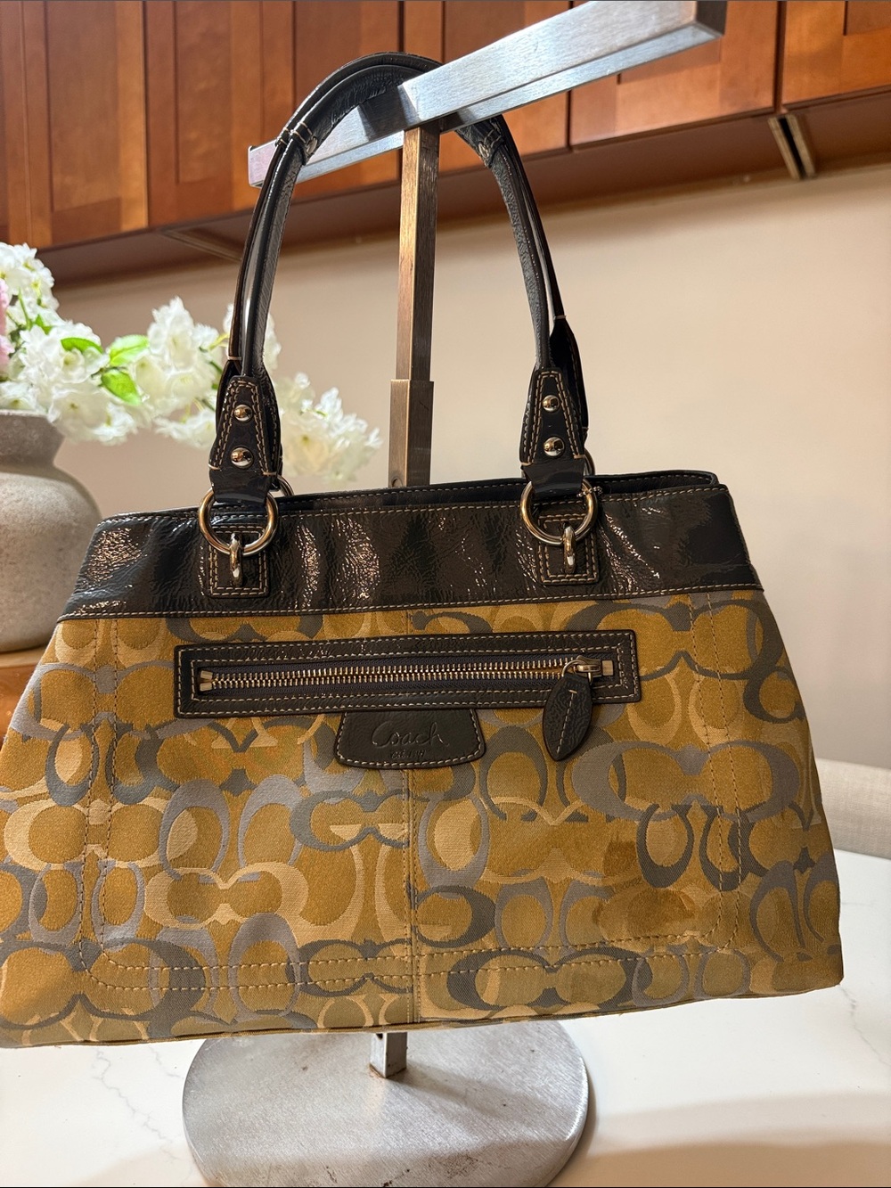 Coach Gold Signature Canvas Shoulder Bag with Black Trim